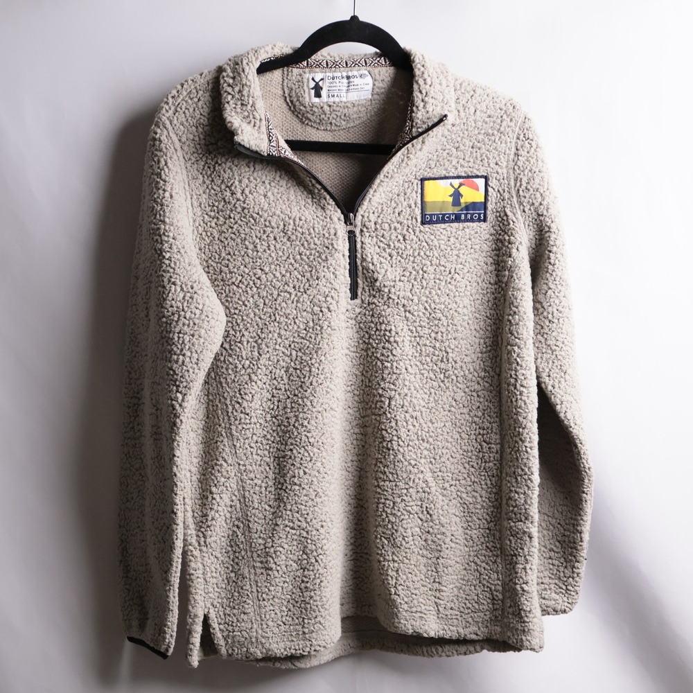 Dutch Bros Coffee Sherpa Fleece Quarter Zip Pullover Tan Small